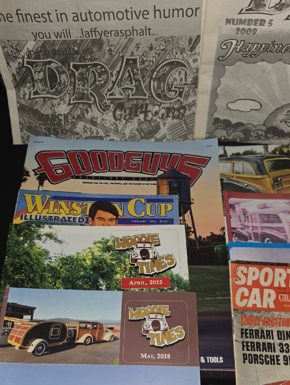 Vintage Car Magazine Lot – Woodie Wagons, Drag Cartoons, Sports Car& Plaque